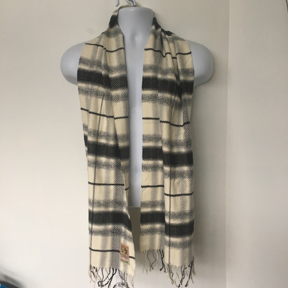 COTIERA Scarf 100% Cotton feels like cashmere Germany Fringe Cream Black Plaid - Picture 2 of 6